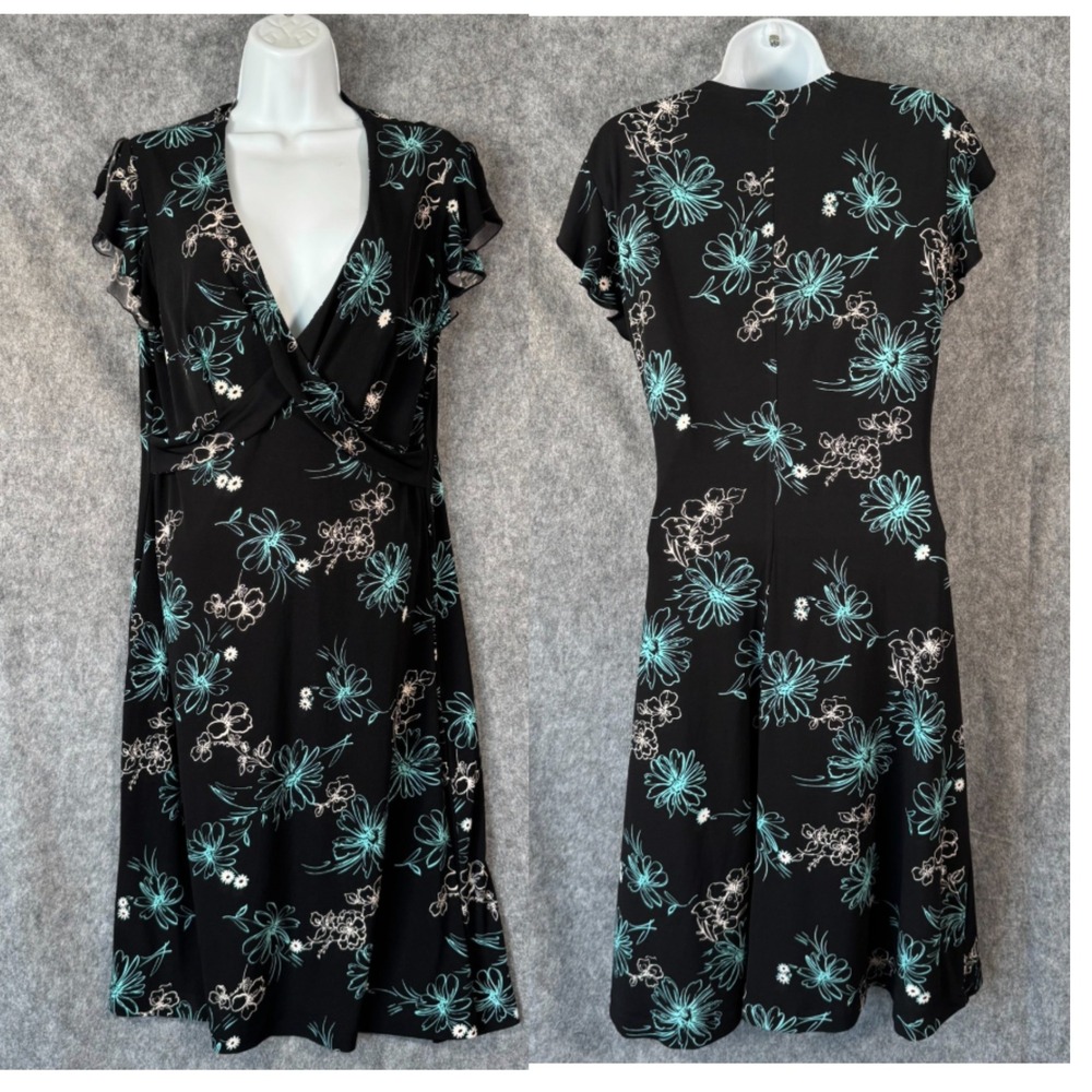 Y2K Vtg Midi Babydoll Dress Womens 12 Black Dark Floral Fairycore‎ Wrap Office